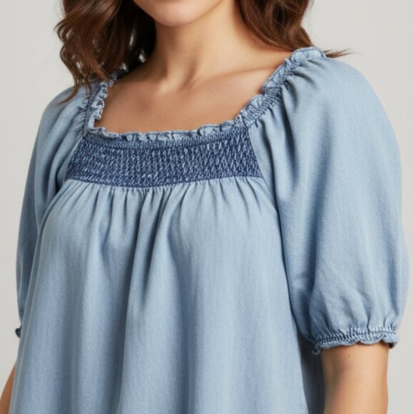 A.N.A Light Blue Denim-Look Smocked Square Neck Dress L - Picture 2 of 7